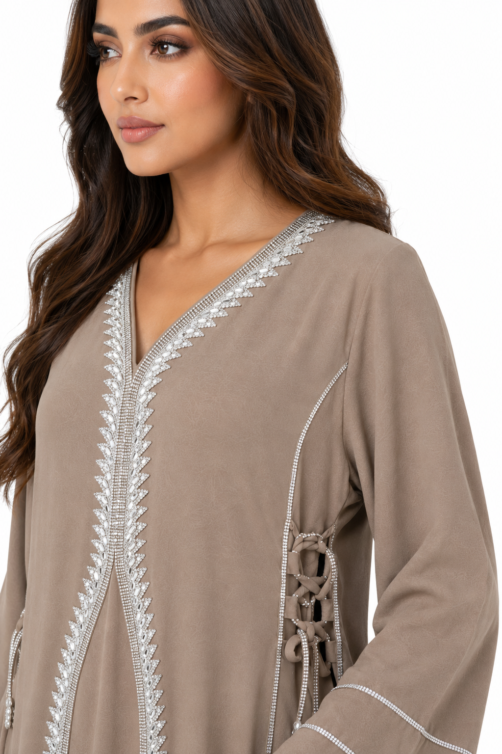 Royale Fashion Women's Luxury Crystal Stone Embroidered Abaya, Premium Kaftan Dress with Rhinestone, Mirror Work, Lace Embroidery, Long Sleeve Modest Maxi Dress for Eid, Ramadan & Special Occasions, Taupe Image 