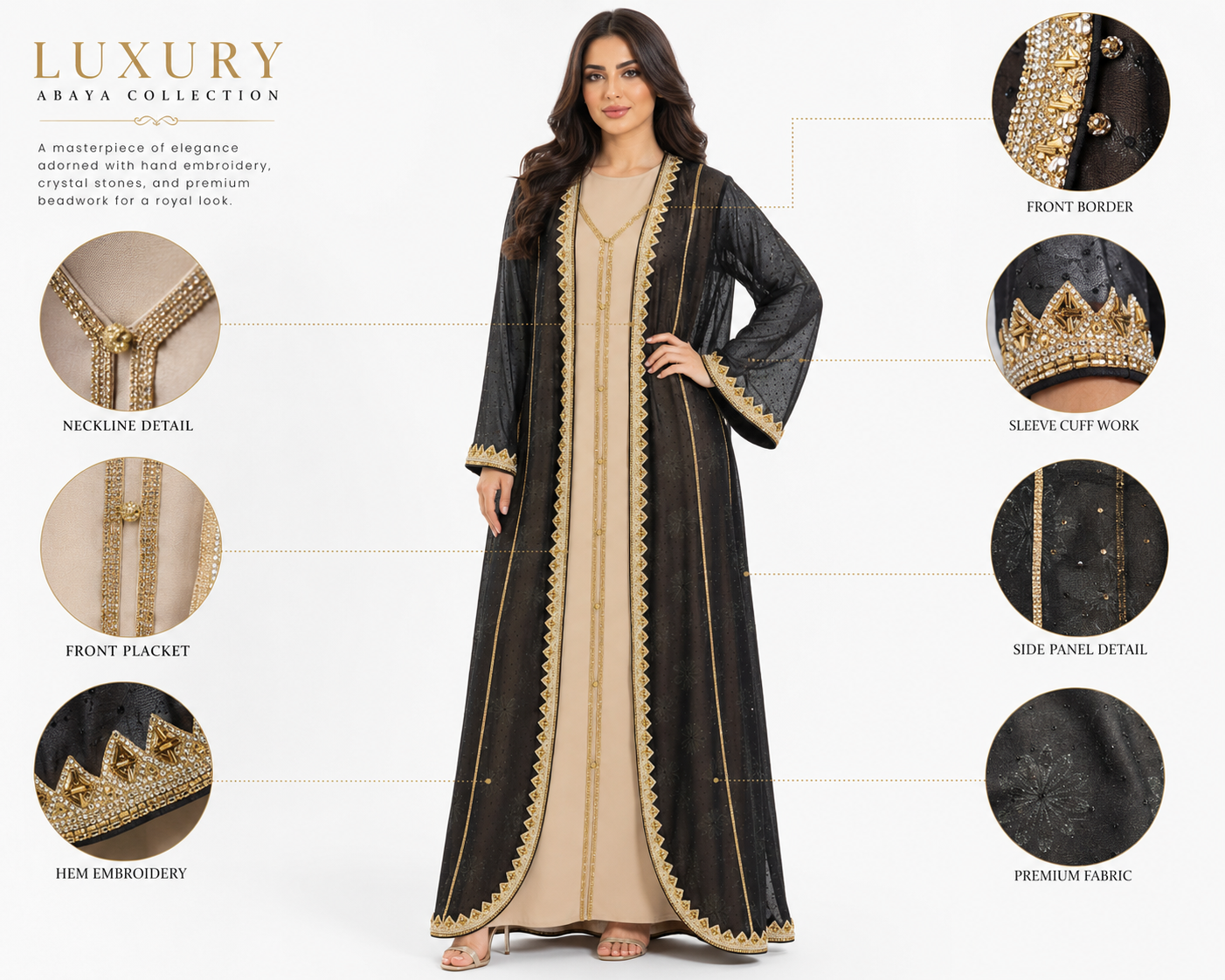 Royale Fashion Women's Luxury Embroidered Open Front Abaya Kaftan with Crystal Stone Work, Premium Beaded Formal Islamic Maxi Dress for Eid, Ramadan, Wedding & Party. Image 