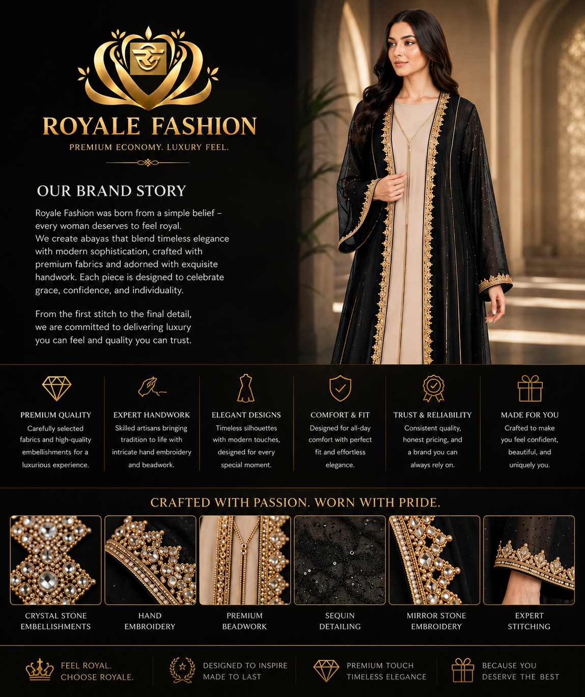 Royale Fashion Women's Luxury Embroidered Open Front Abaya Kaftan with Crystal Stone Work, Premium Beaded Formal Islamic Maxi Dress for Eid, Ramadan, Wedding & Party. Image 