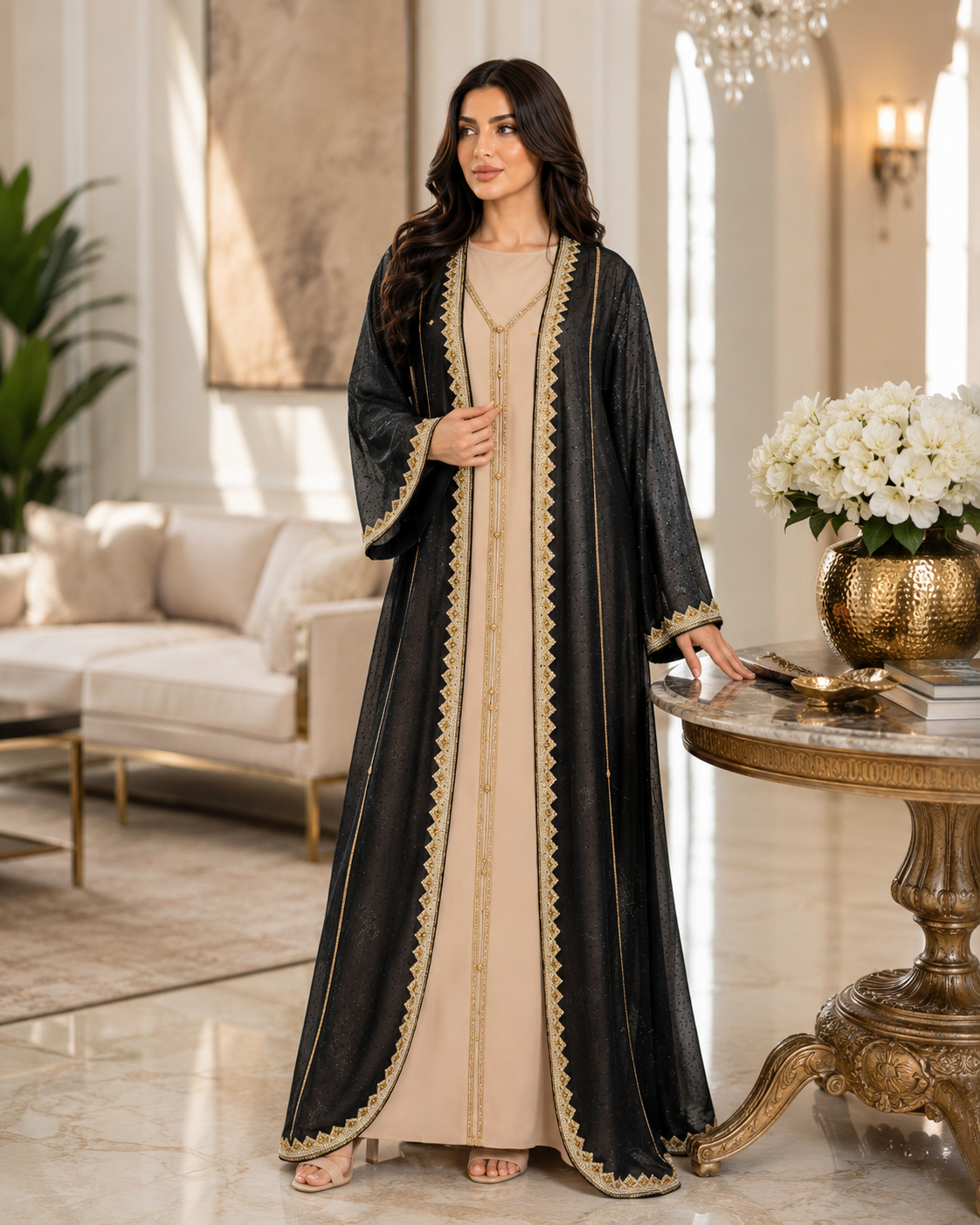 Royale Fashion Women's Luxury Embroidered Open Front Abaya Kaftan with Crystal Stone Work, Premium Beaded Formal Islamic Maxi Dress for Eid, Ramadan, Wedding & Party. Image