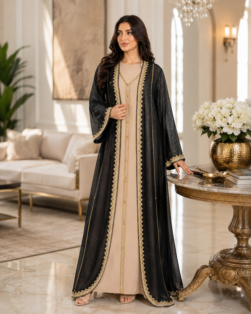 Royale Fashion Women's Luxury Embroidered Open Front Abaya Kaftan with Crystal Stone Work, Premium Beaded Formal Islamic Maxi Dress for Eid, Ramadan, Wedding & Party. Image