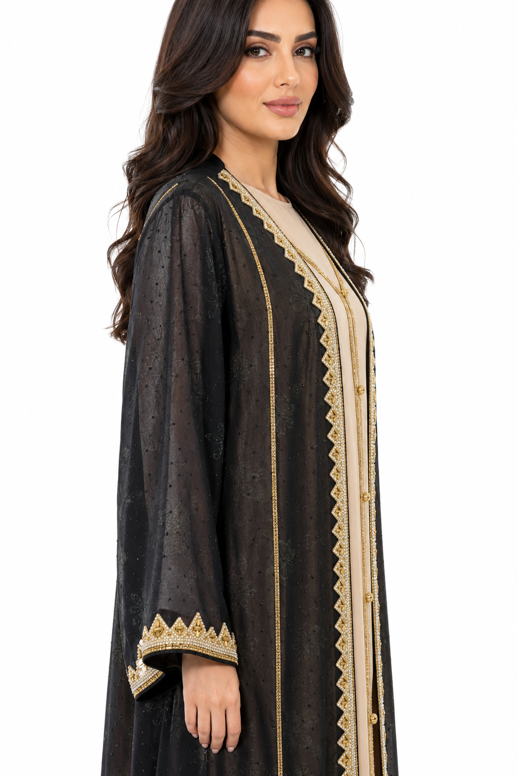 Royale Fashion Women's Luxury Embroidered Open Front Abaya Kaftan with Crystal Stone Work, Premium Beaded Formal Islamic Maxi Dress for Eid, Ramadan, Wedding & Party. Image 