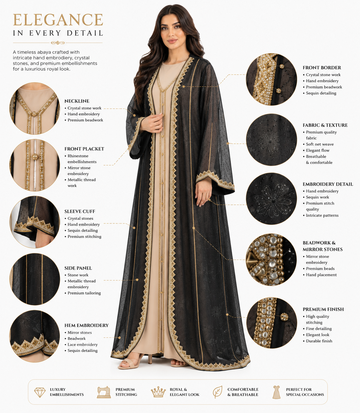Royale Fashion Women's Luxury Embroidered Open Front Abaya Kaftan with Crystal Stone Work, Premium Beaded Formal Islamic Maxi Dress for Eid, Ramadan, Wedding & Party. Image 