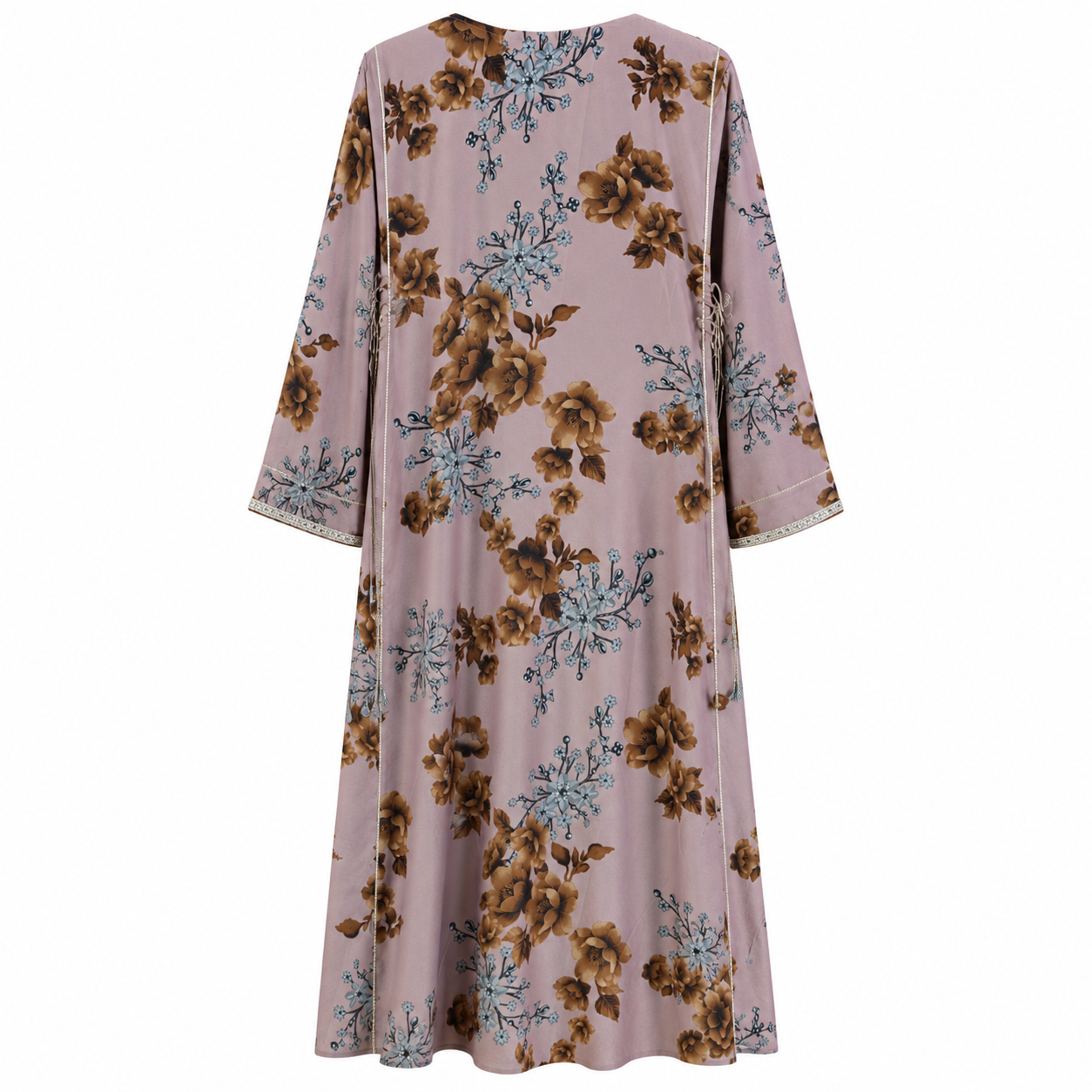 Royale Fashion Women's Embroidered Floral Kaftan Abaya, Premium Saudi Style Maxi Dress with Rhinestone Neckline, Elegant Modest Islamic Clothing, Mauve Floral Image 