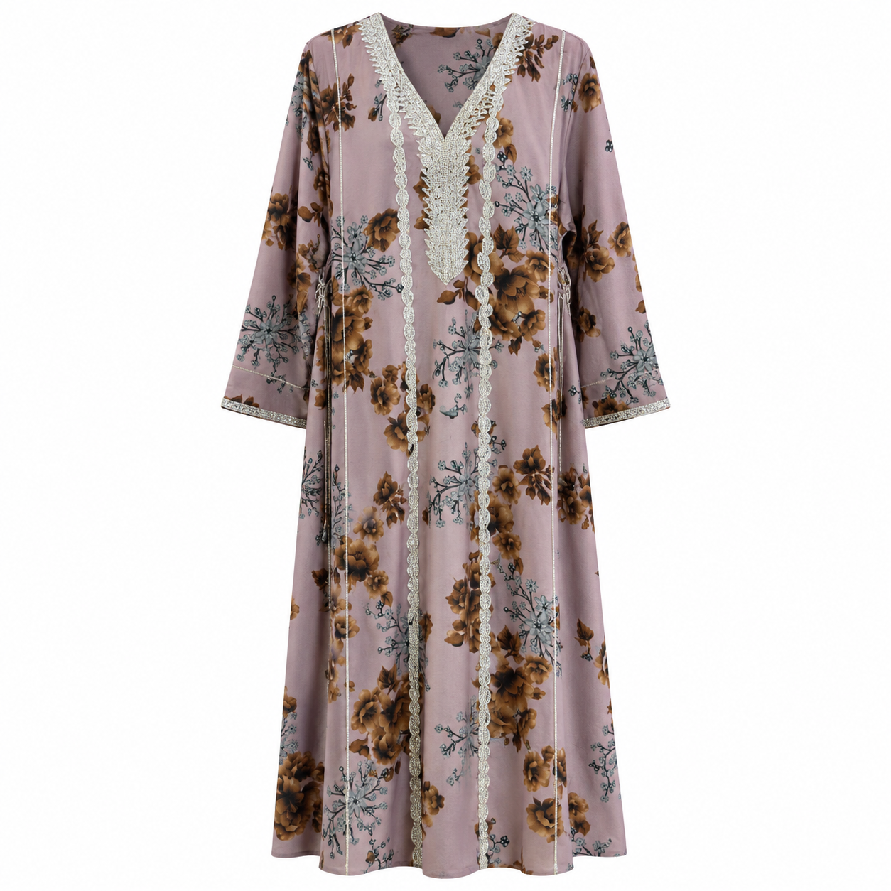 Royale Fashion Women's Embroidered Floral Kaftan Abaya, Premium Saudi Style Maxi Dress with Rhinestone Neckline, Elegant Modest Islamic Clothing, Mauve Floral