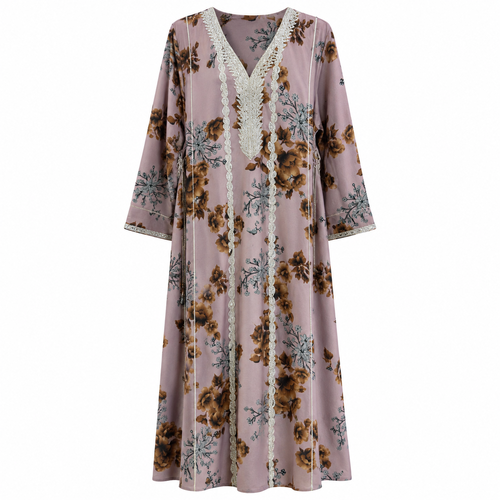 Royale Fashion Women's Embroidered Floral Kaftan Abaya, Premium Saudi Style Maxi Dress with Rhinestone Neckline, Elegant Modest Islamic Clothing, Mauve Floral