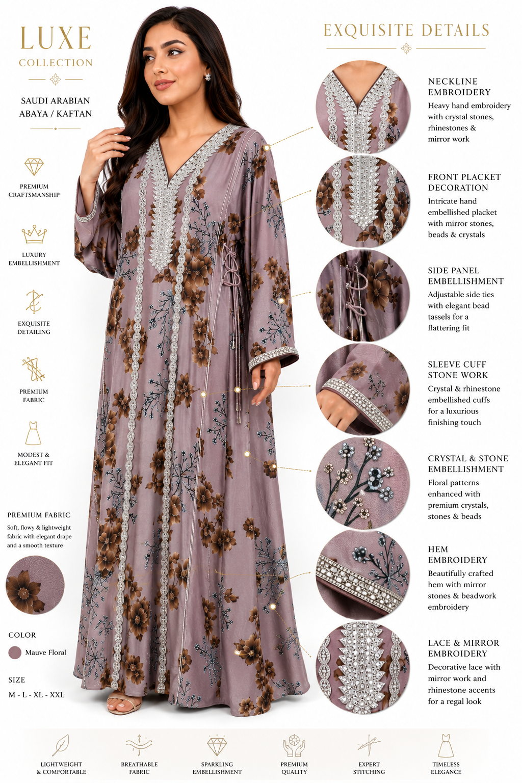 Royale Fashion Women's Embroidered Floral Kaftan Abaya, Premium Saudi Style Maxi Dress with Rhinestone Neckline, Elegant Modest Islamic Clothing, Mauve Floral Image 