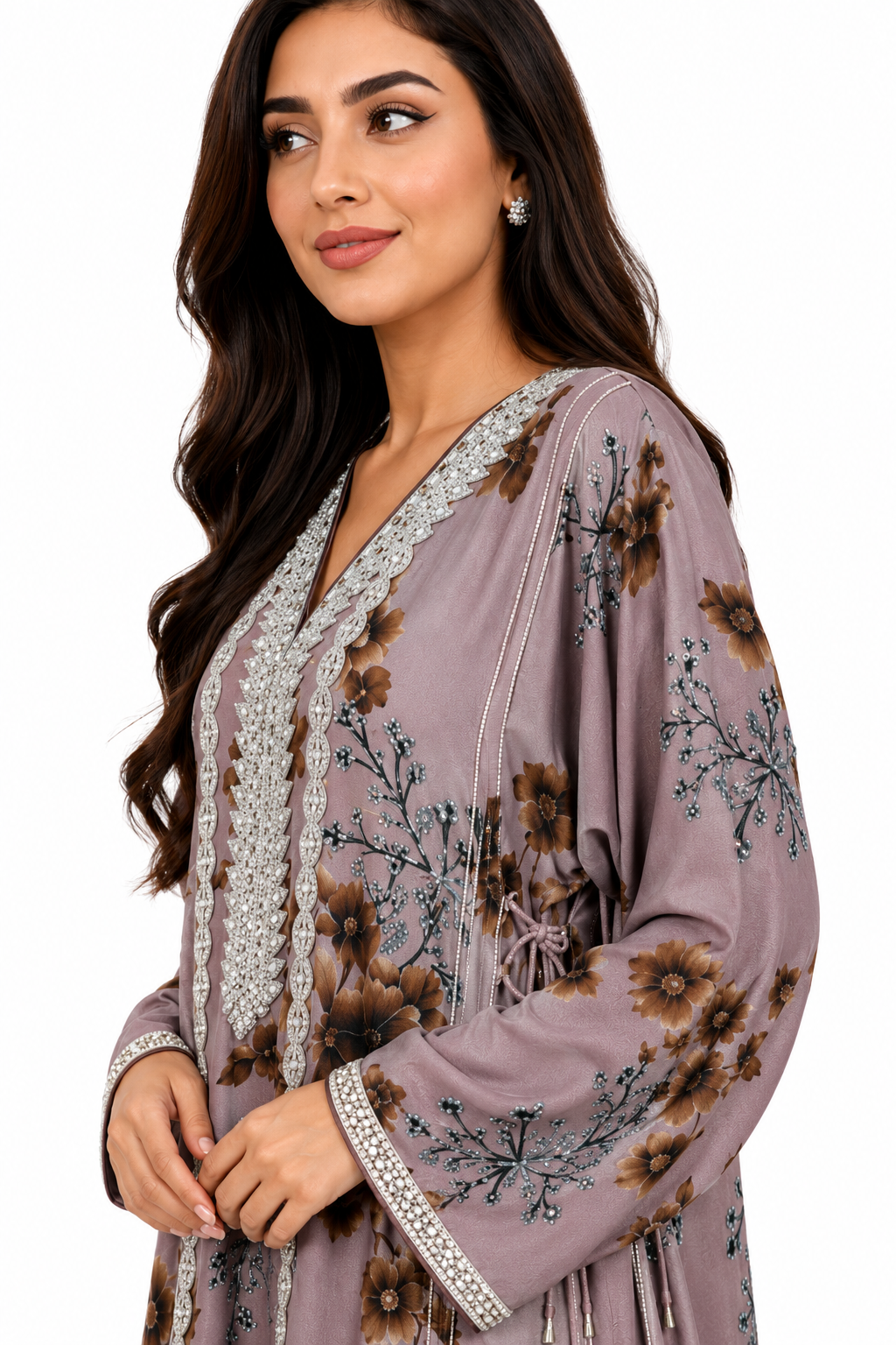Royale Fashion Women's Embroidered Floral Kaftan Abaya, Premium Saudi Style Maxi Dress with Rhinestone Neckline, Elegant Modest Islamic Clothing, Mauve Floral Image 