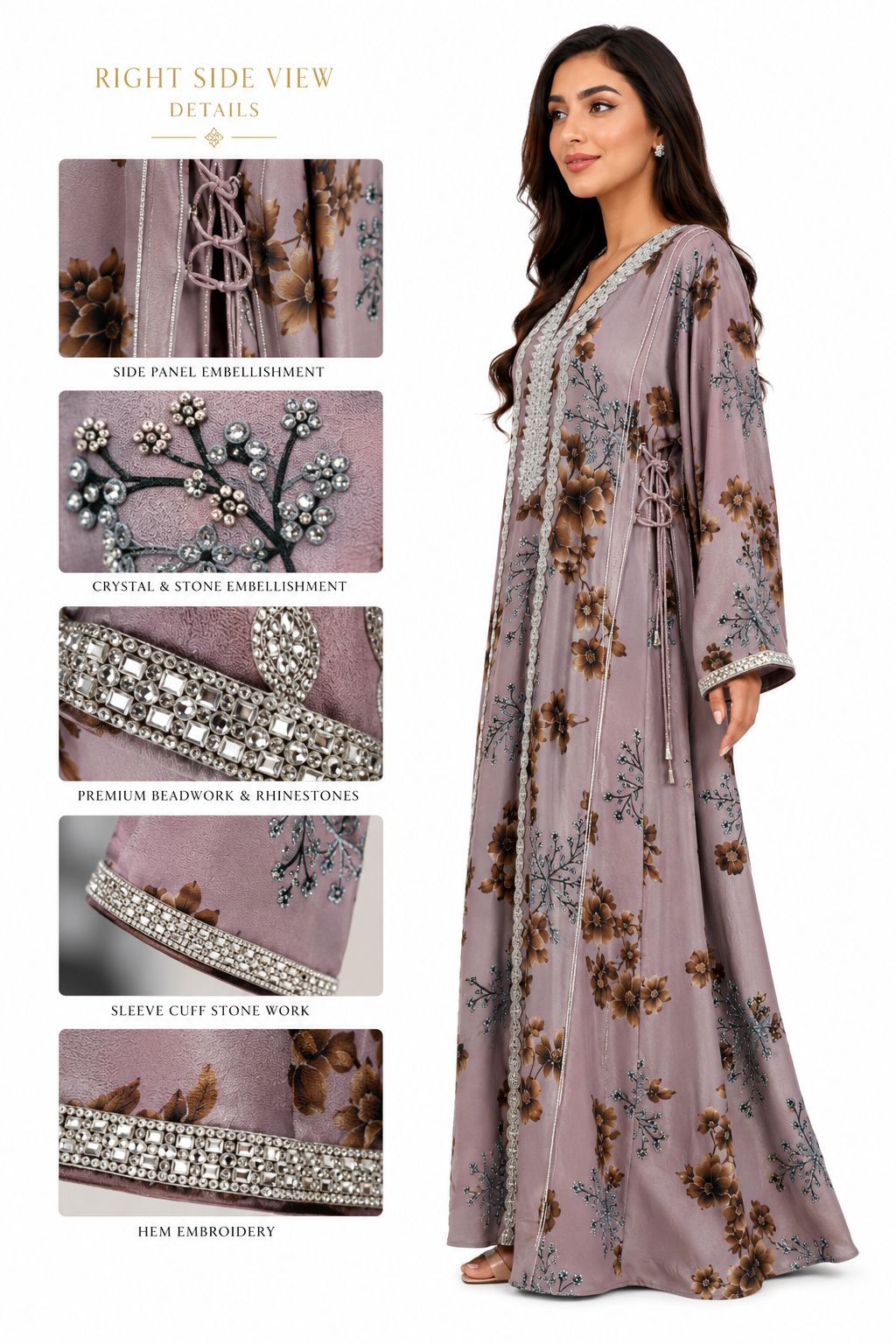 Royale Fashion Women's Embroidered Floral Kaftan Abaya, Premium Saudi Style Maxi Dress with Rhinestone Neckline, Elegant Modest Islamic Clothing, Mauve Floral Image 