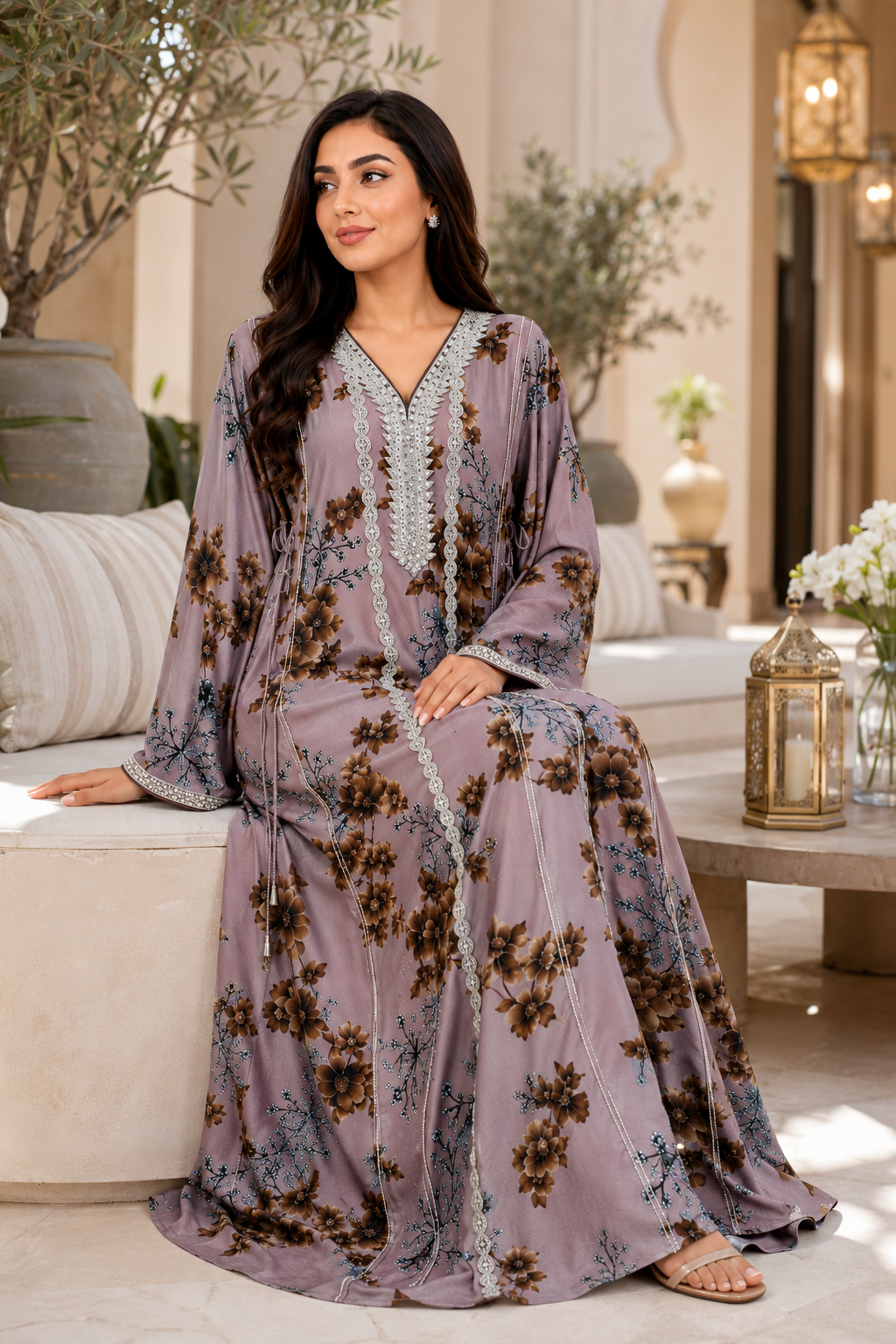 Royale Fashion Women's Embroidered Floral Kaftan Abaya, Premium Saudi Style Maxi Dress with Rhinestone Neckline, Elegant Modest Islamic Clothing, Mauve Floral Image