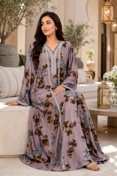 Royale Fashion Women's Embroidered Floral Kaftan Abaya, Premium Saudi Style Maxi Dress with Rhinestone Neckline, Elegant Modest Islamic Clothing, Mauve Floral Image