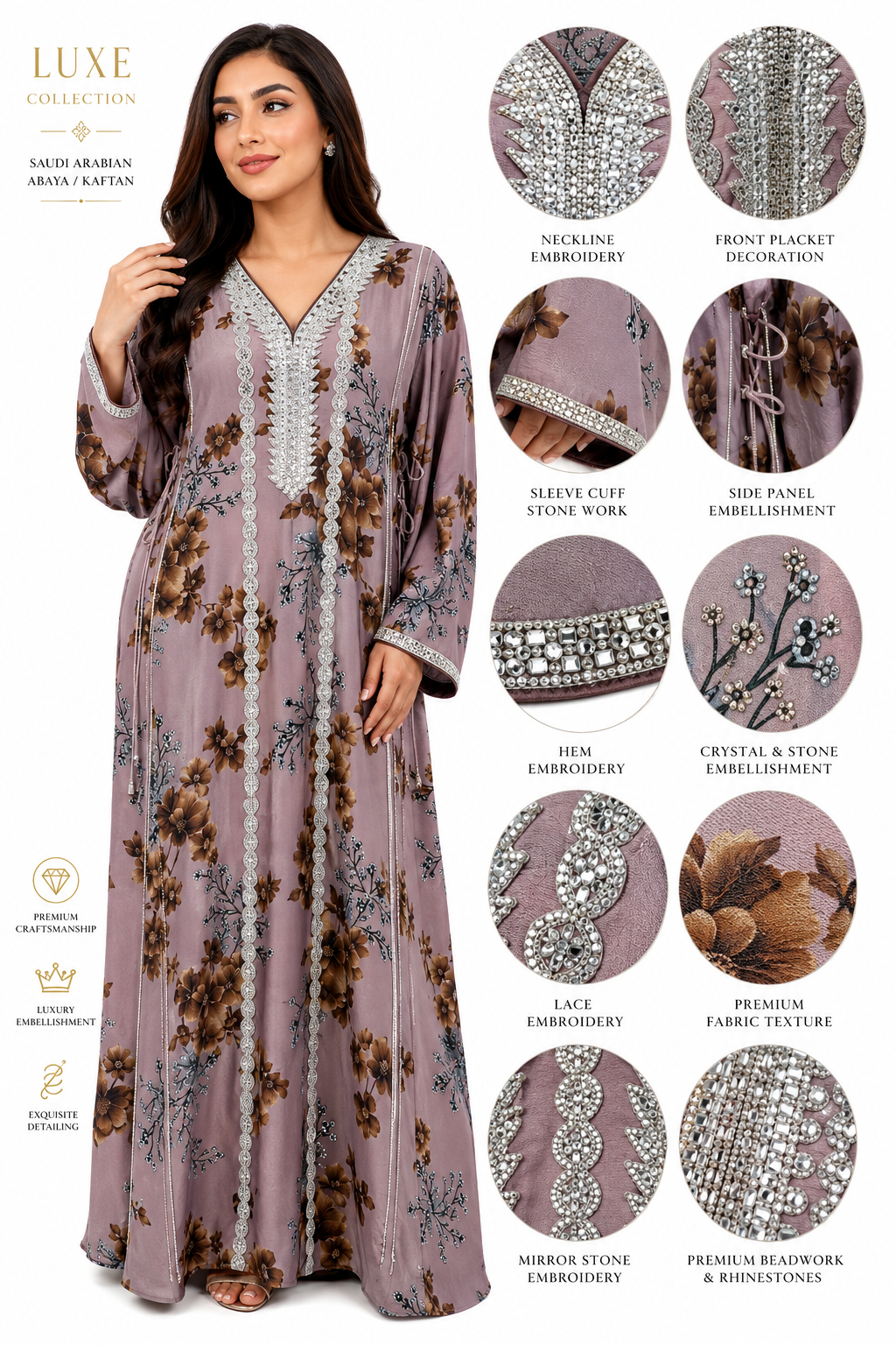 Royale Fashion Women's Embroidered Floral Kaftan Abaya, Premium Saudi Style Maxi Dress with Rhinestone Neckline, Elegant Modest Islamic Clothing, Mauve Floral Image 
