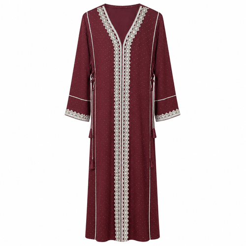 Royale Fashion Women's Luxury Crystal Stone Embroidered Kaftan Abaya – Premium Rhinestone & Metallic Thread Embellished Maxi Dress, Long Sleeve Modest Islamic Dress, Burgundy