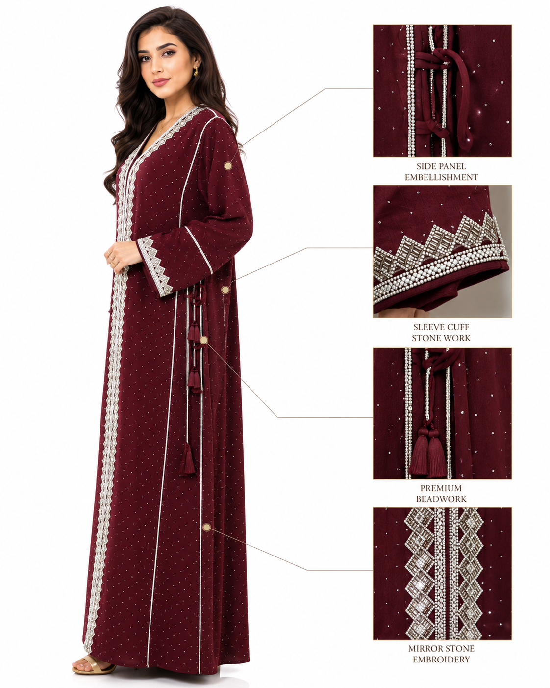Royale Fashion Women's Luxury Crystal Stone Embroidered Kaftan Abaya – Premium Rhinestone & Metallic Thread Embellished Maxi Dress, Long Sleeve Modest Islamic Dress, Burgundy Image 