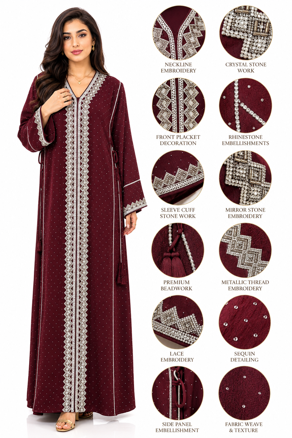 Royale Fashion Women's Luxury Crystal Stone Embroidered Kaftan Abaya – Premium Rhinestone & Metallic Thread Embellished Maxi Dress, Long Sleeve Modest Islamic Dress, Burgundy Image 