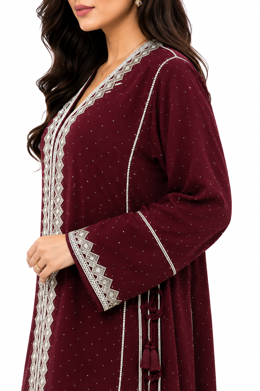 Royale Fashion Women's Luxury Crystal Stone Embroidered Kaftan Abaya – Premium Rhinestone & Metallic Thread Embellished Maxi Dress, Long Sleeve Modest Islamic Dress, Burgundy Image 