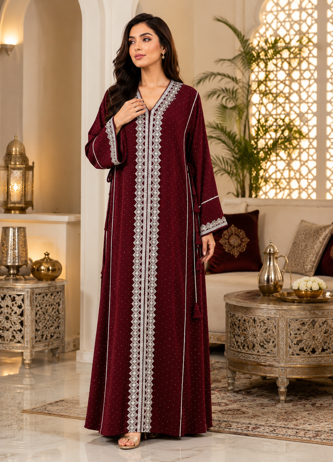 Royale Fashion Women's Luxury Crystal Stone Embroidered Kaftan Abaya – Premium Rhinestone & Metallic Thread Embellished Maxi Dress, Long Sleeve Modest Islamic Dress, Burgundy Image 