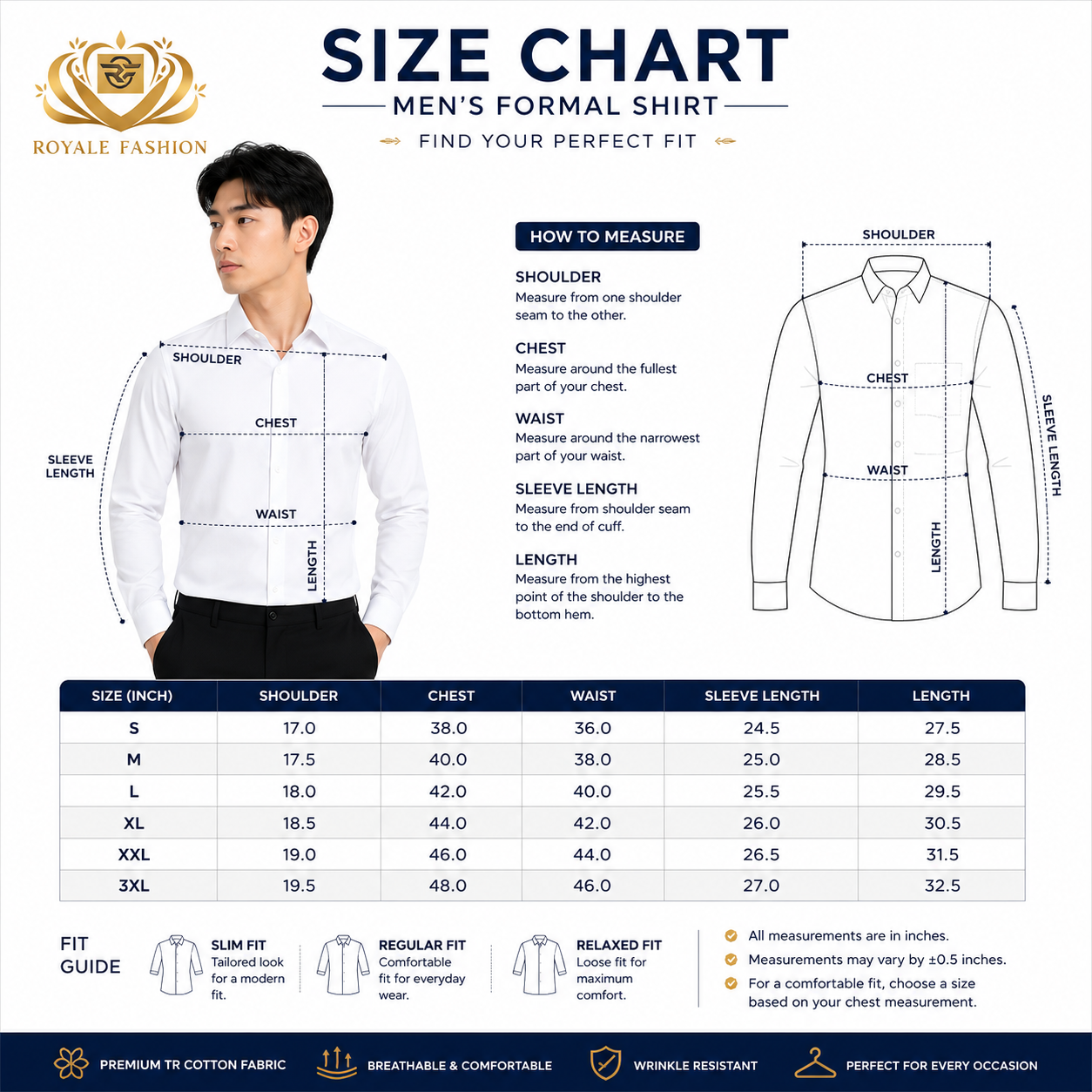 Royale Fashion Men's Premium White Slim Fit Formal Shirt | Long Sleeve Classic Collar | Wrinkle-Resistant Office & Business Wear Image 
