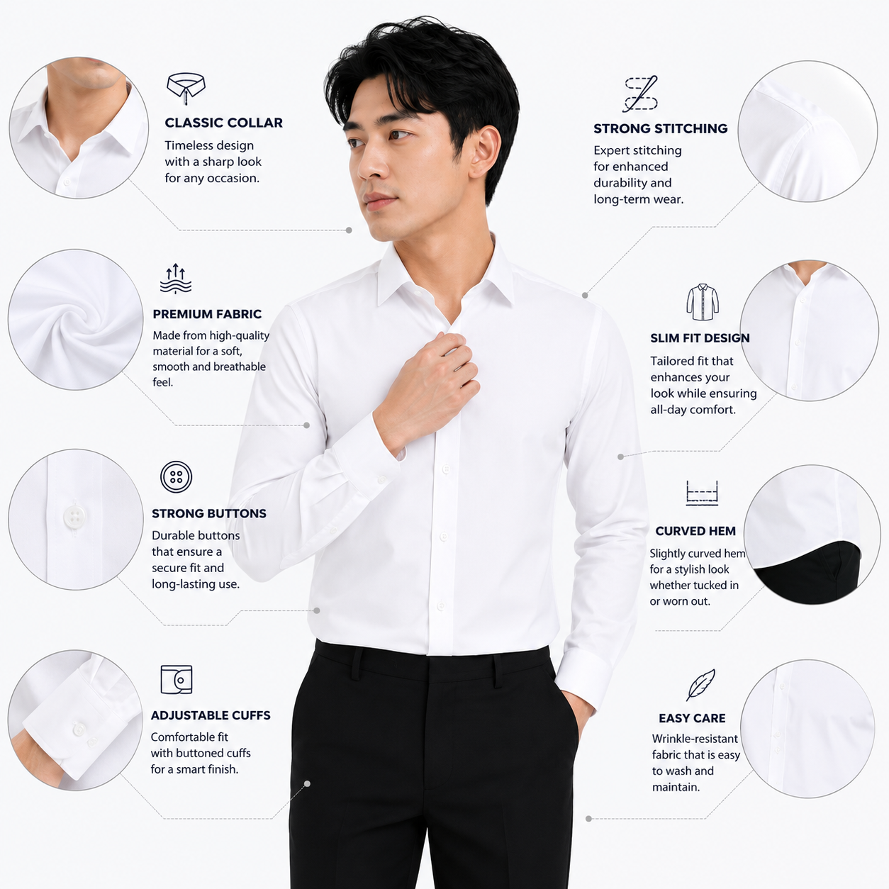 Royale Fashion Men's Premium White Slim Fit Formal Shirt | Long Sleeve Classic Collar | Wrinkle-Resistant Office & Business Wear Image 