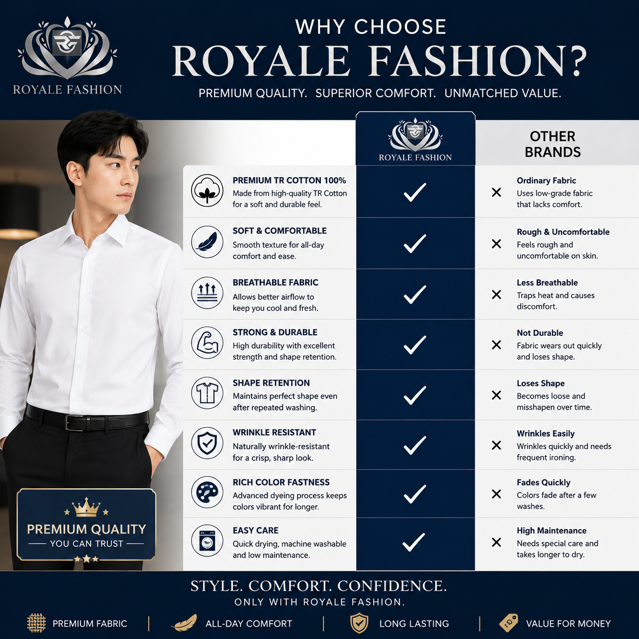 Royale Fashion Men's Premium White Slim Fit Formal Shirt | Long Sleeve Classic Collar | Wrinkle-Resistant Office & Business Wear Image 