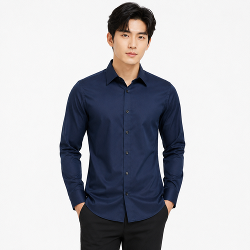 ROYALE FASHION Men's Navy Blue Dress Shirt – Slim Fit Long Sleeve Button Down Business Casual Formal Shirt Image