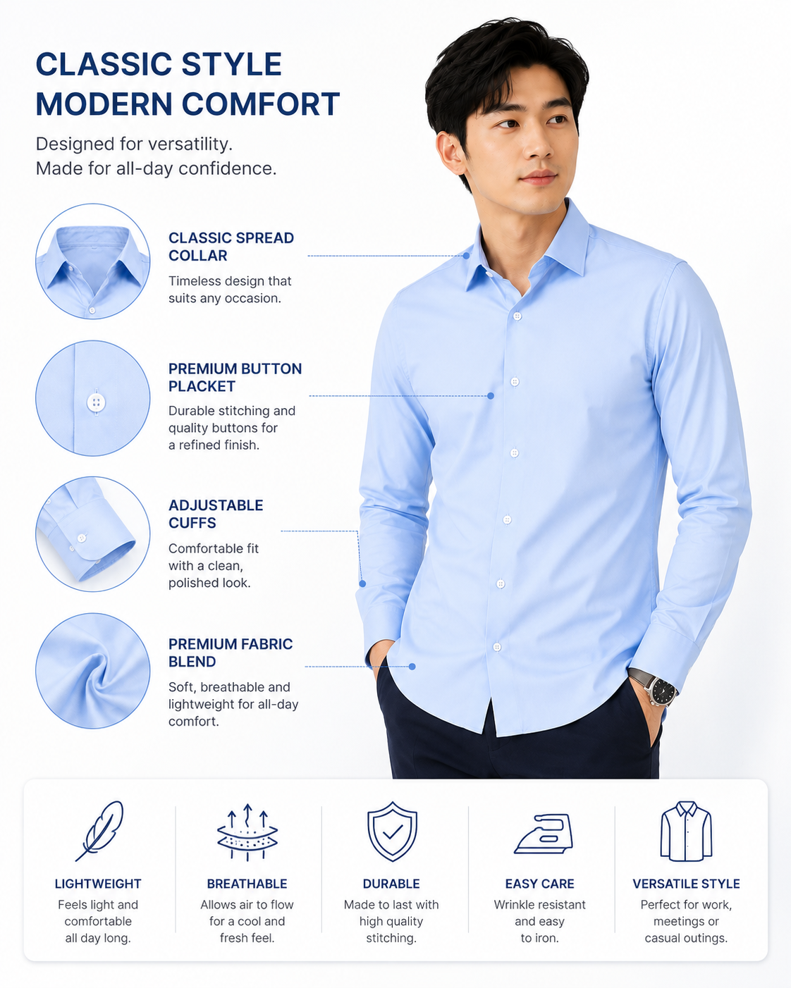 Royale Fashion Men's Classic Fit Sky Blue Formal Shirt | Premium Breathable Fabric | Long Sleeve Button-Down | Office & Business Casual Dress Shirt Image 
