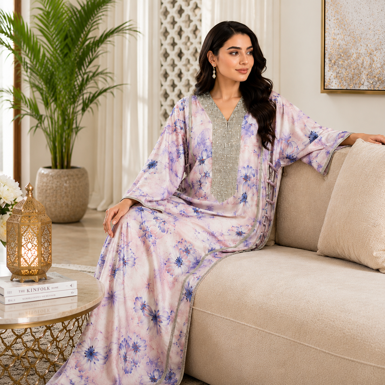 Royale Fashion Women's Premium Floral Printed Abaya with Crystal Stone Hand Embroidery, Luxury Kaftan Maxi Dress, Lightweight Modest Wear for Party, Eid & Evening Wear Image