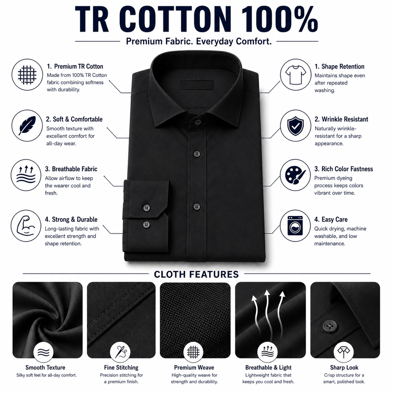 Royale Fashion Men's Premium Slim Fit Formal Shirt | Full Sleeve | Wrinkle-Resistant | Soft & Breathable TR Cotton | Office & Casual Wear | Black Image 