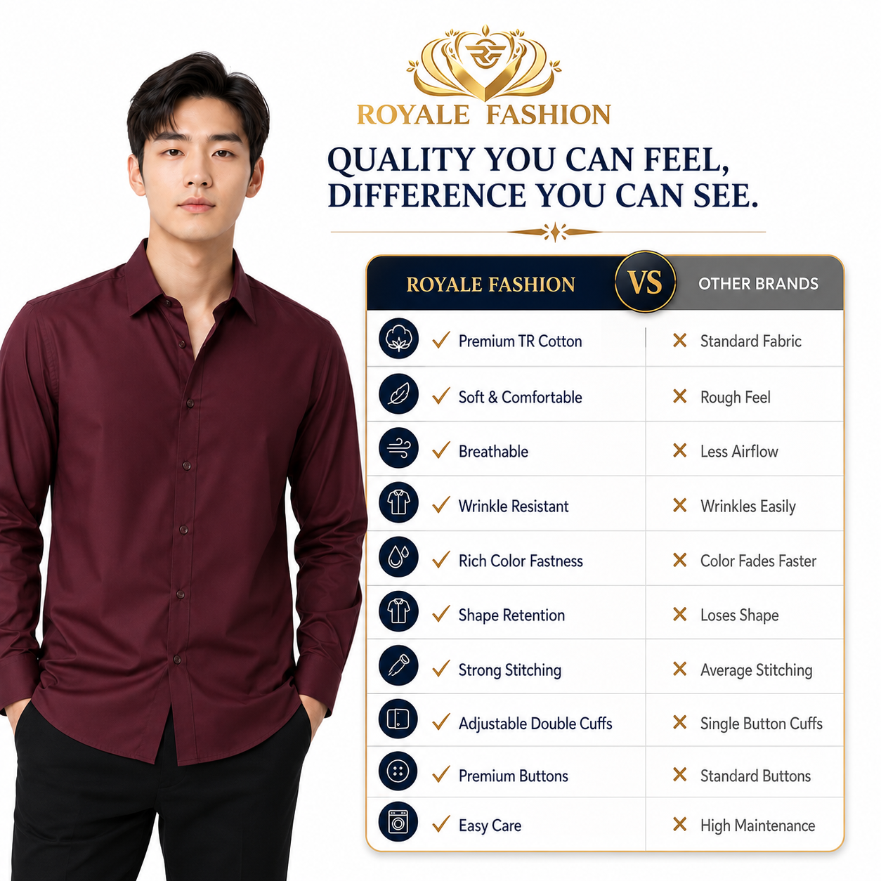 Royale Fashion Men's Premium Maroon Solid Formal Shirt | Full Sleeve | Classic Collar | Regular Fit | Cotton Blend | Office & Casual Wear Image 
