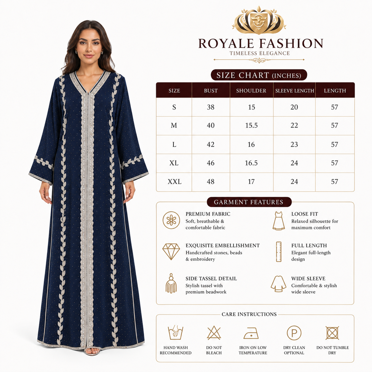 Royale Fashion Women's Luxury Embellished Abaya with Crystal Stone & Hand Embroidery | Premium Modest Kaftan Dress | Rhinestone Neckline | Elegant Islamic Arabic Wear | Navy Blue Image 
