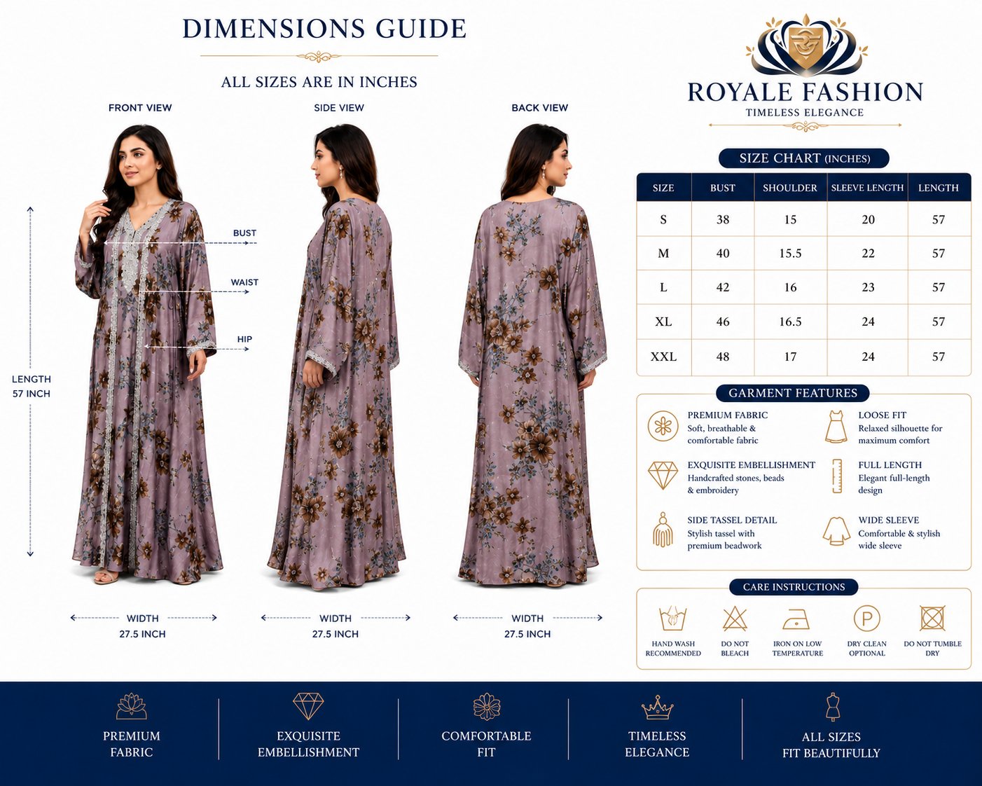 Royale Fashion Women's Embroidered Floral Kaftan Abaya, Premium Saudi Style Maxi Dress with Rhinestone Neckline, Elegant Modest Islamic Clothing, Mauve Floral Image 