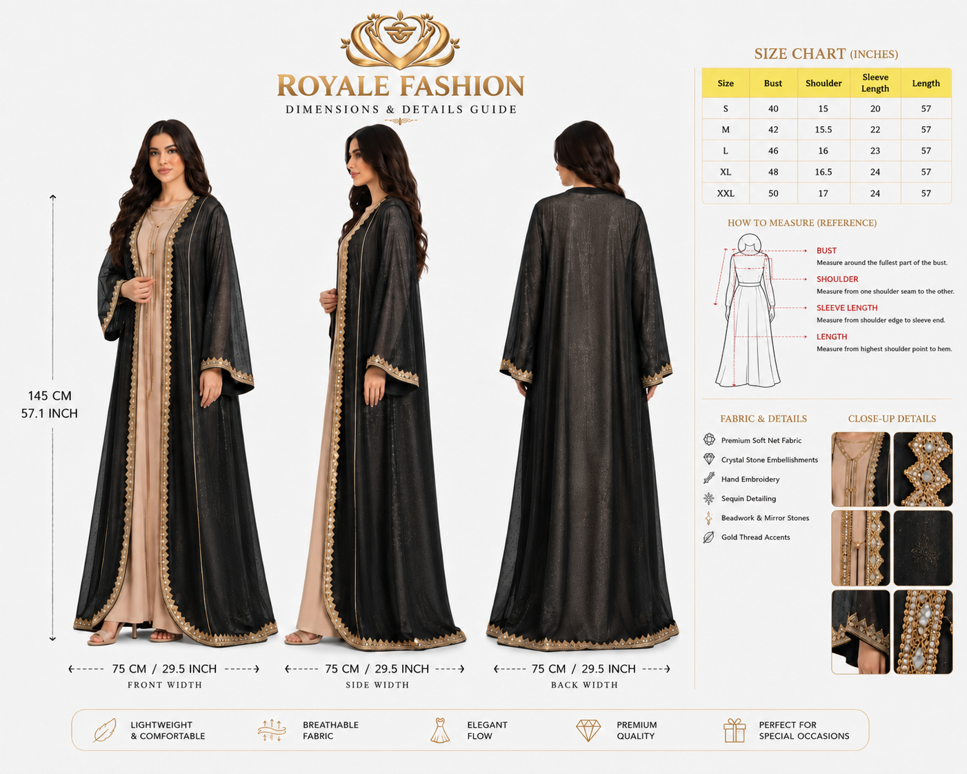 Royale Fashion Women's Luxury Embroidered Open Front Abaya Kaftan with Crystal Stone Work, Premium Beaded Formal Islamic Maxi Dress for Eid, Ramadan, Wedding & Party. Image 