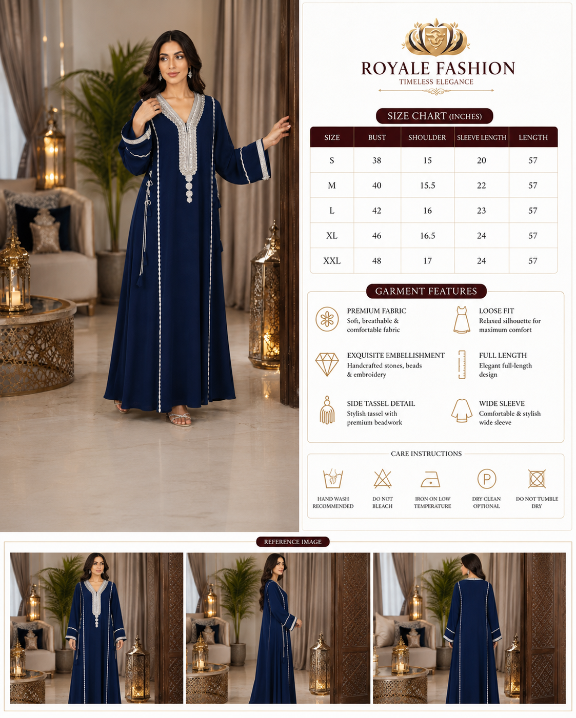 Royale Fashion Luxury Embroidered Abaya for Women | Crystal Stone & Pearl Work Kaftan | Premium Modest Islamic Dress | Navy Blue Image 