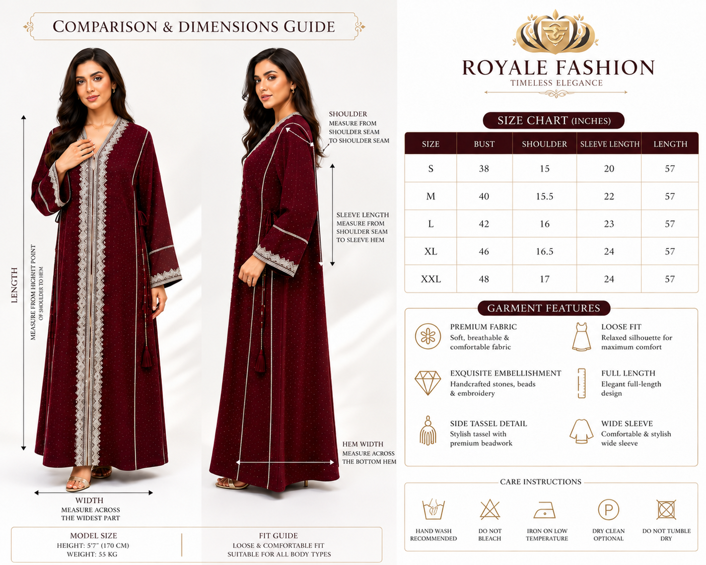 Royale Fashion Women's Luxury Crystal Stone Embroidered Kaftan Abaya – Premium Rhinestone & Metallic Thread Embellished Maxi Dress, Long Sleeve Modest Islamic Dress, Burgundy Image 