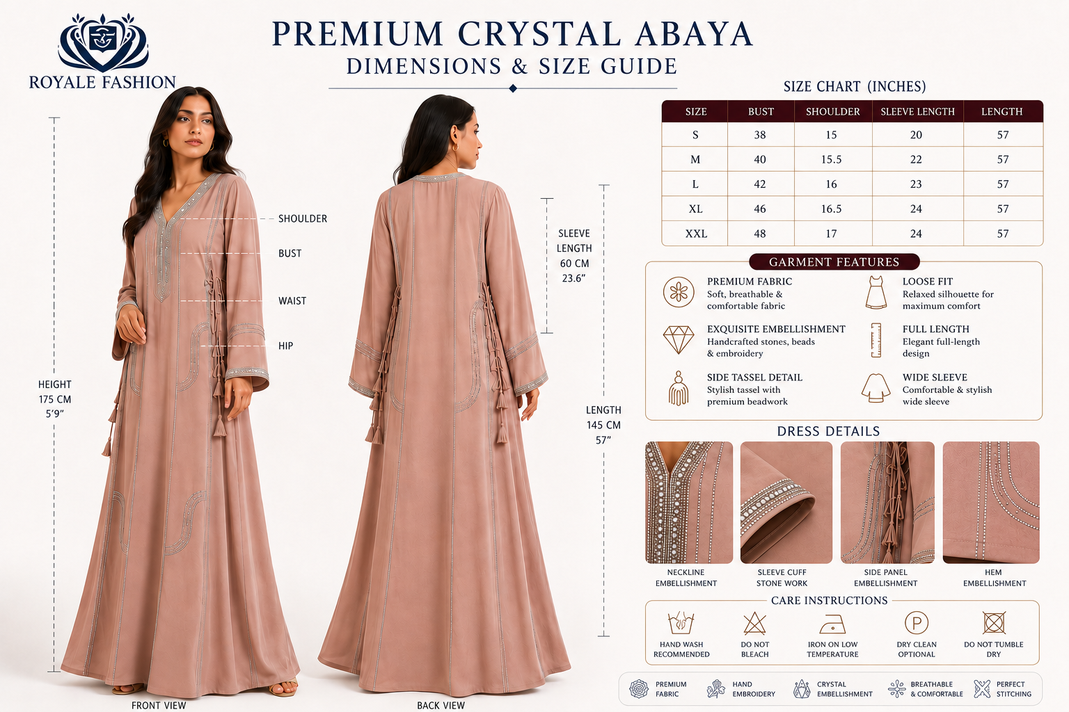 Royale Fashion Women's Luxury Kaftan Abaya Dress with Crystal Stone & Mirror Embroidery, V-Neck Long Sleeve Modest Maxi Dress for Eid, Ramadan, Evening Party & Formal Wear – Beige Image 