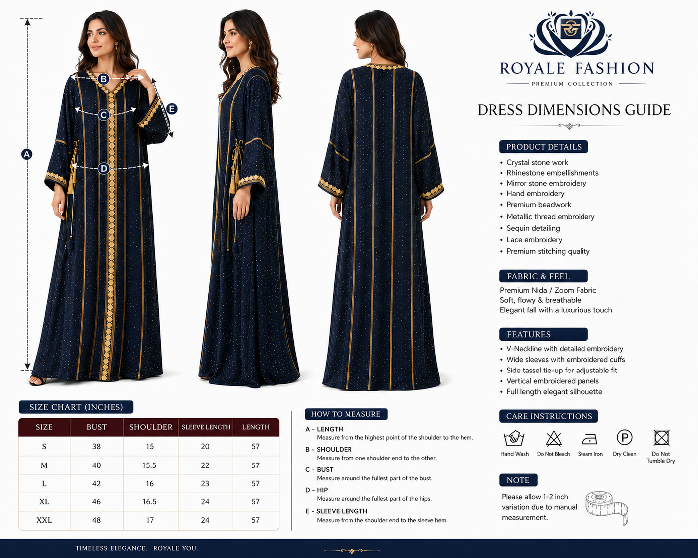 Royale Fashion Women's Luxury Kaftan Abaya – Navy Blue Maxi Dress with Gold Embroidery, Crystal Stone Detailing, V-Neck, Loose Fit, Elegant Islamic Modest Wear for Eid, Ramadan, Parties & Special Occasions Image 