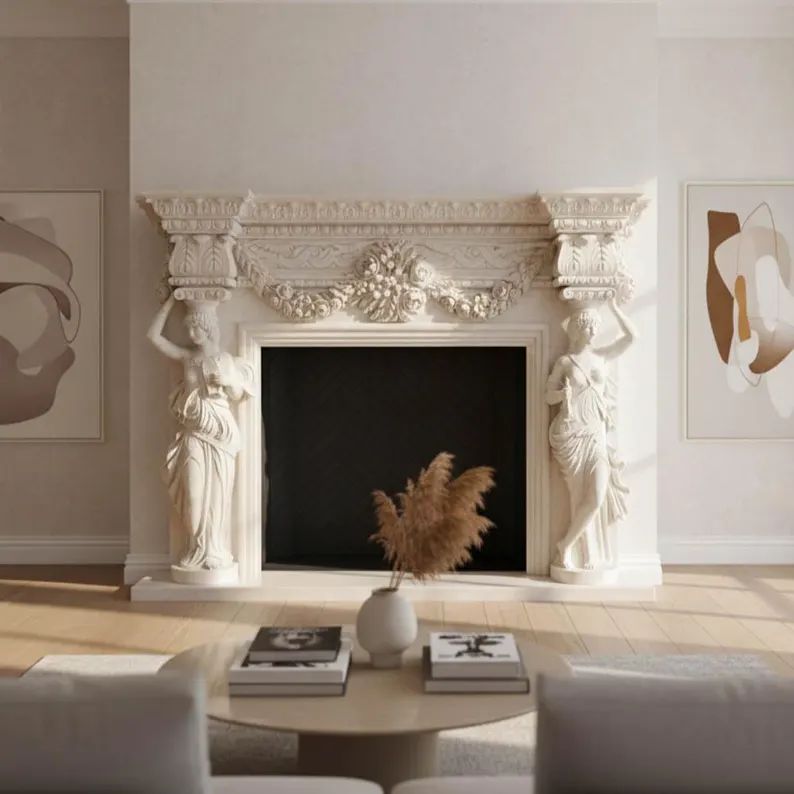 Egyptian Figurines Marble Fireplace Mantel Image 