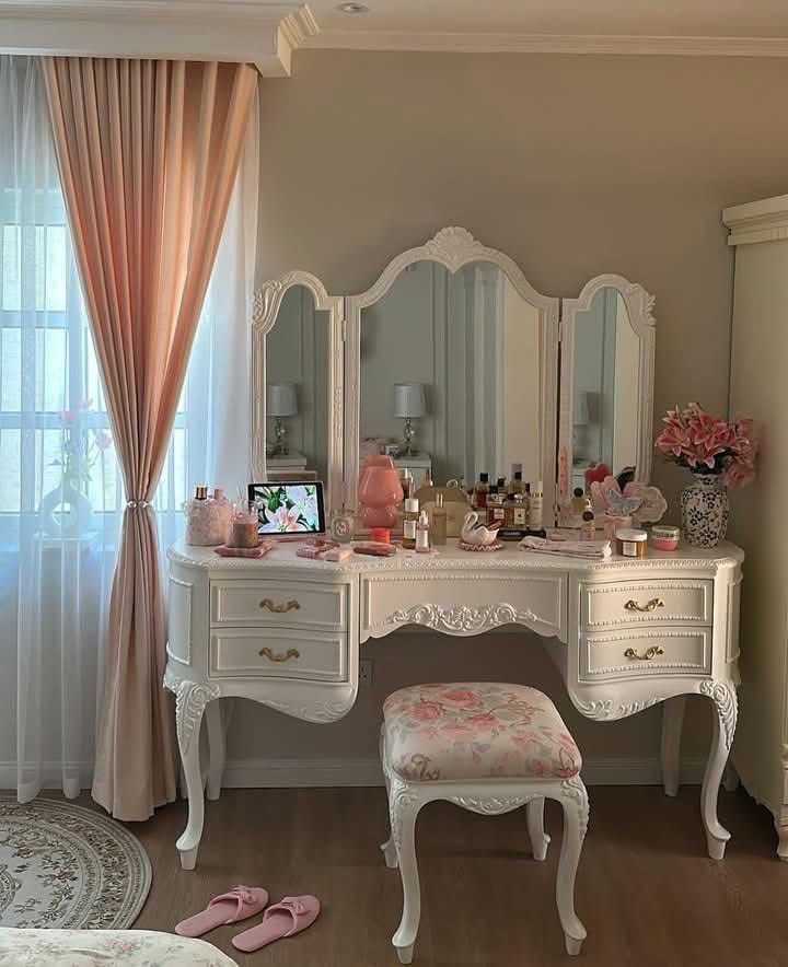 French Baroque Vanity Set – Ornate Dressing Table with Mirror & Stool Image