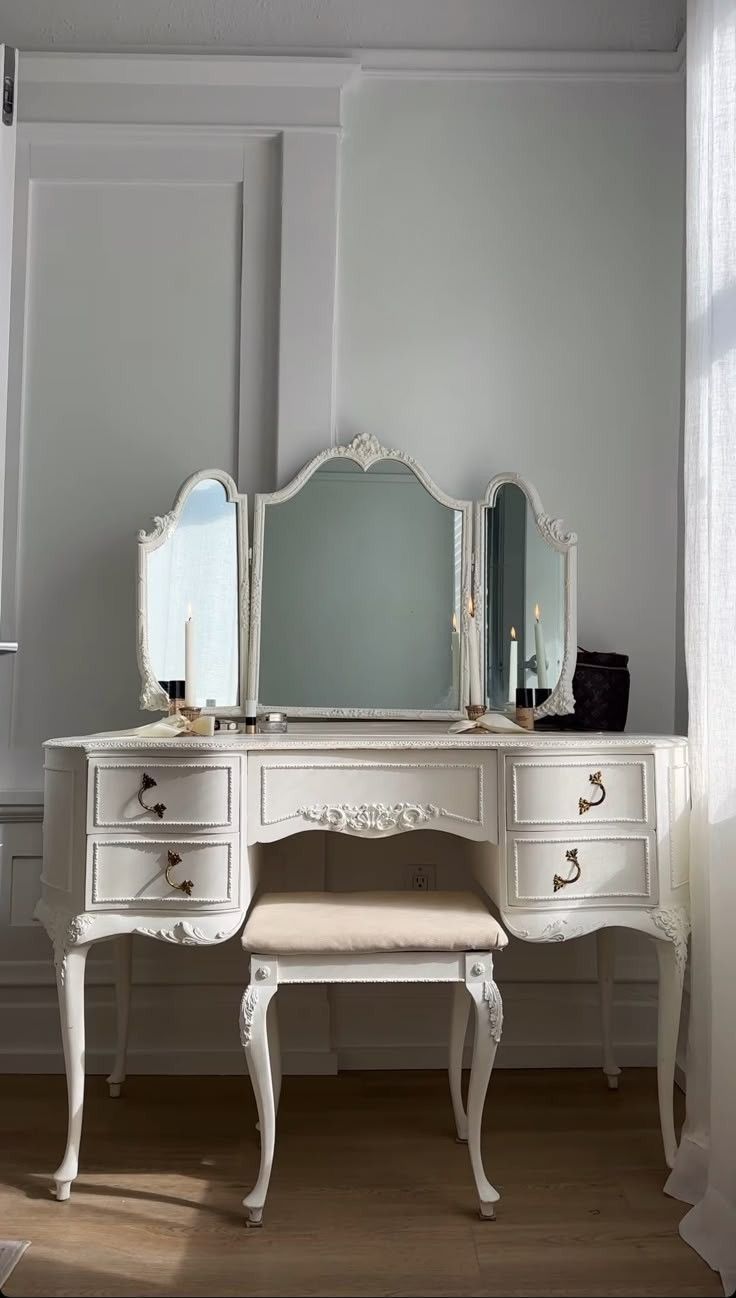 French Baroque Vanity Set – Ornate Dressing Table with Mirror & Stool