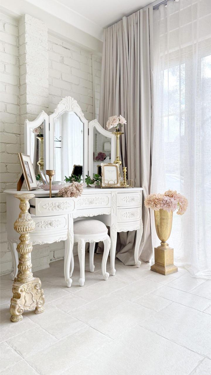 French Baroque Vanity Set – Ornate Dressing Table with Mirror & Stool Image 