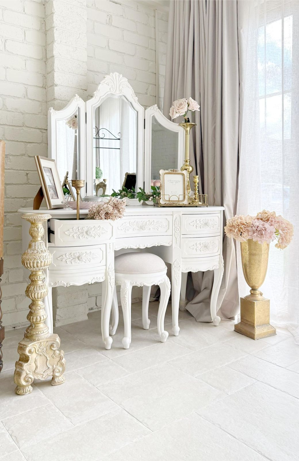 French Baroque Vanity Set – Ornate Dressing Table with Mirror & Stool Image 
