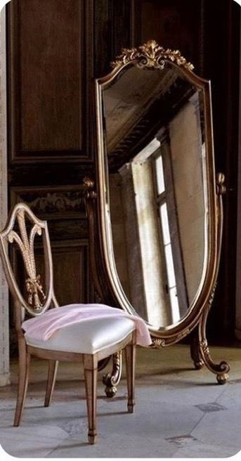 French Baroque Gold Floor Mirror with Stand & Stool Image