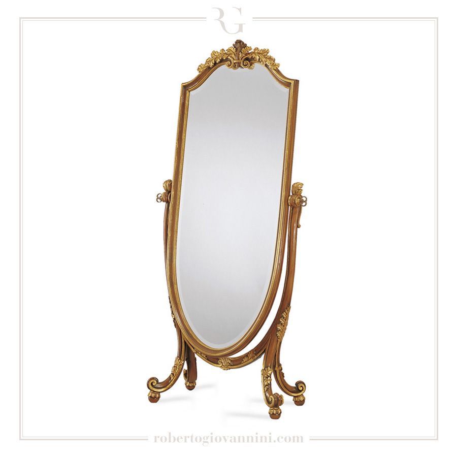 French Baroque Gold Floor Mirror with Stand & Stool