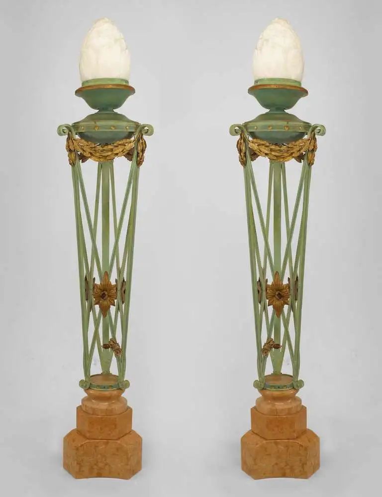 Italian Neoclassical Brazier Style Floor Lamps (Set of 2) – Green & Gold Antique Finish Image 