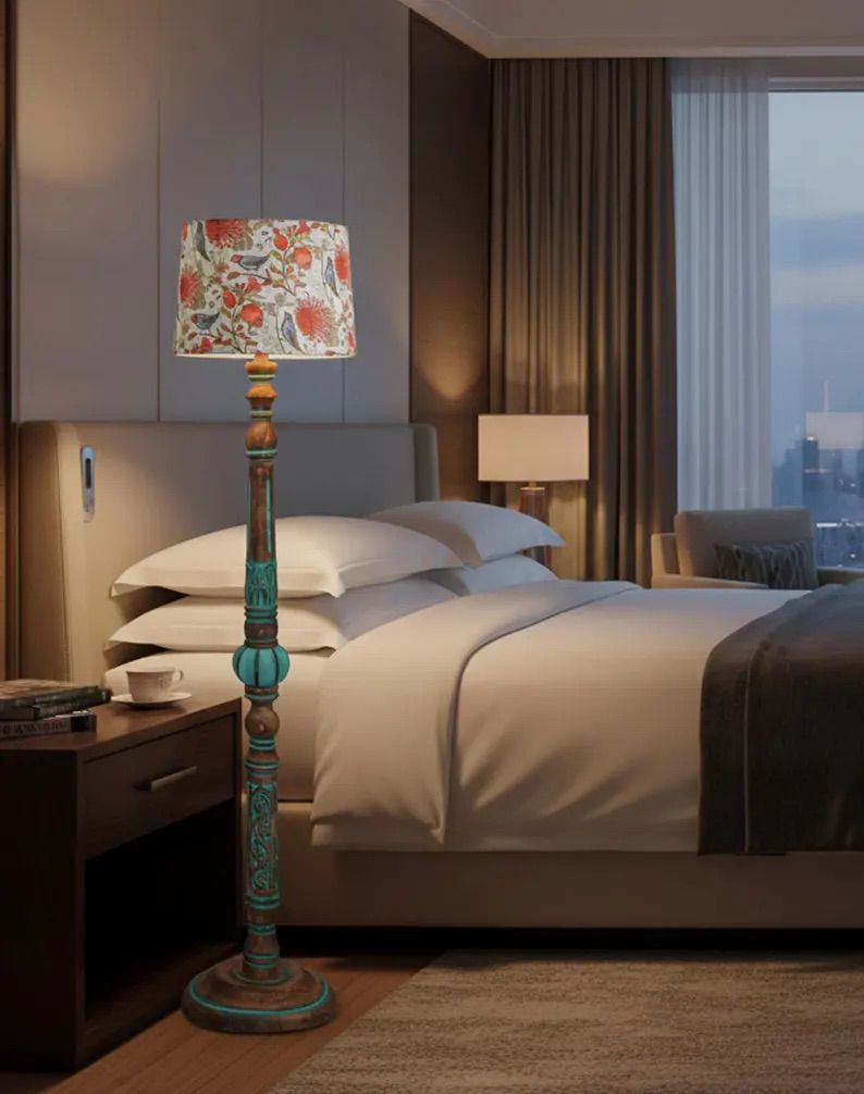 Wooden Shelf Floor Lamp with Fabric Shade – Modern Multi-Functional Standing Lamp Image
