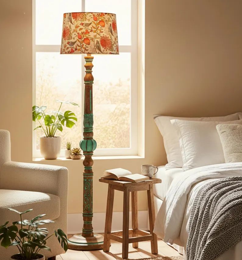 Wooden Shelf Floor Lamp with Fabric Shade – Modern Multi-Functional Standing Lamp