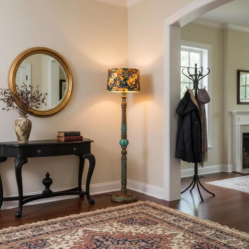 Wooden Shelf Floor Lamp with Fabric Shade – Modern Multi-Functional Standing Lamp Image 