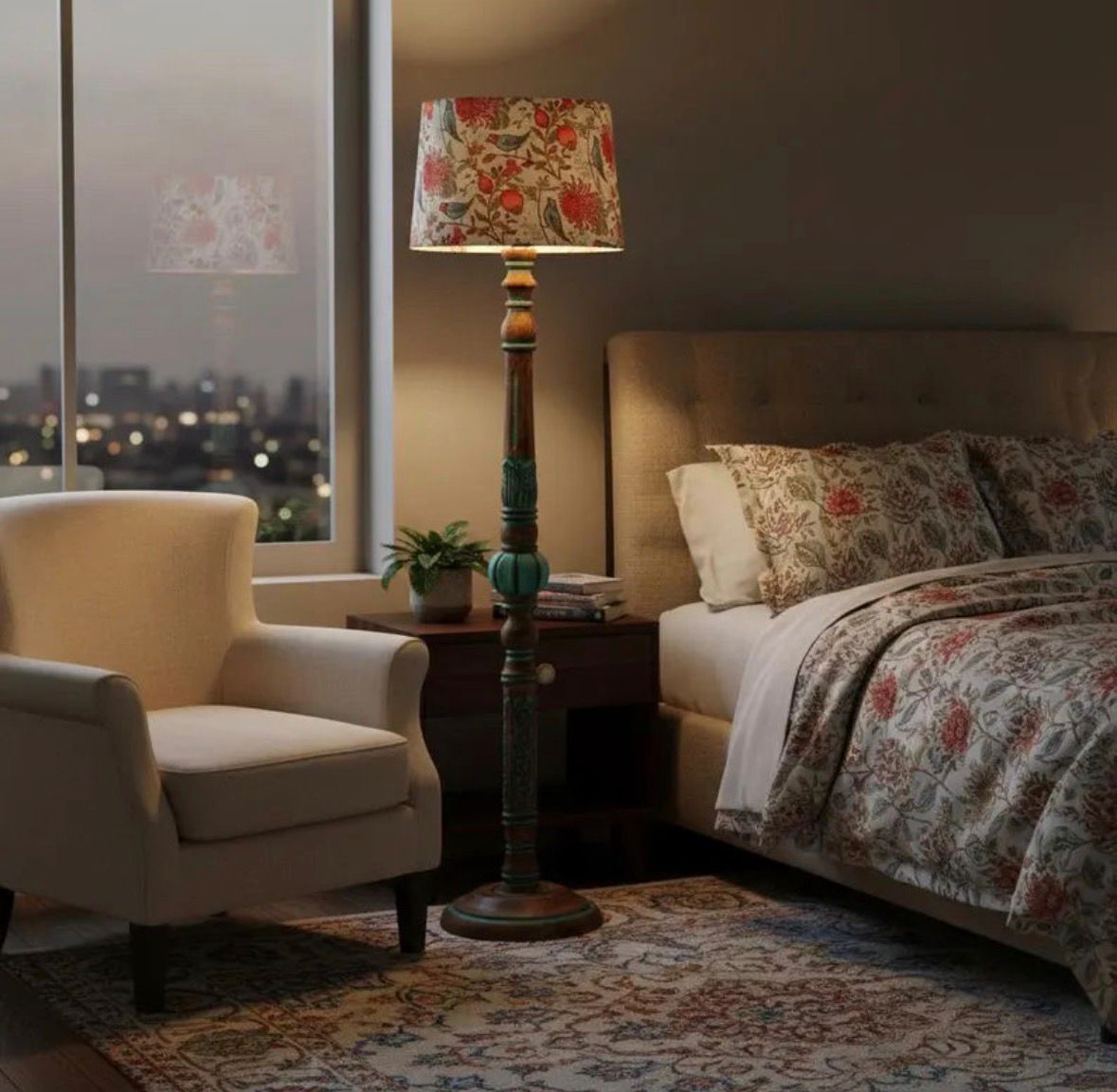 Wooden Shelf Floor Lamp with Fabric Shade – Modern Multi-Functional Standing Lamp Image 