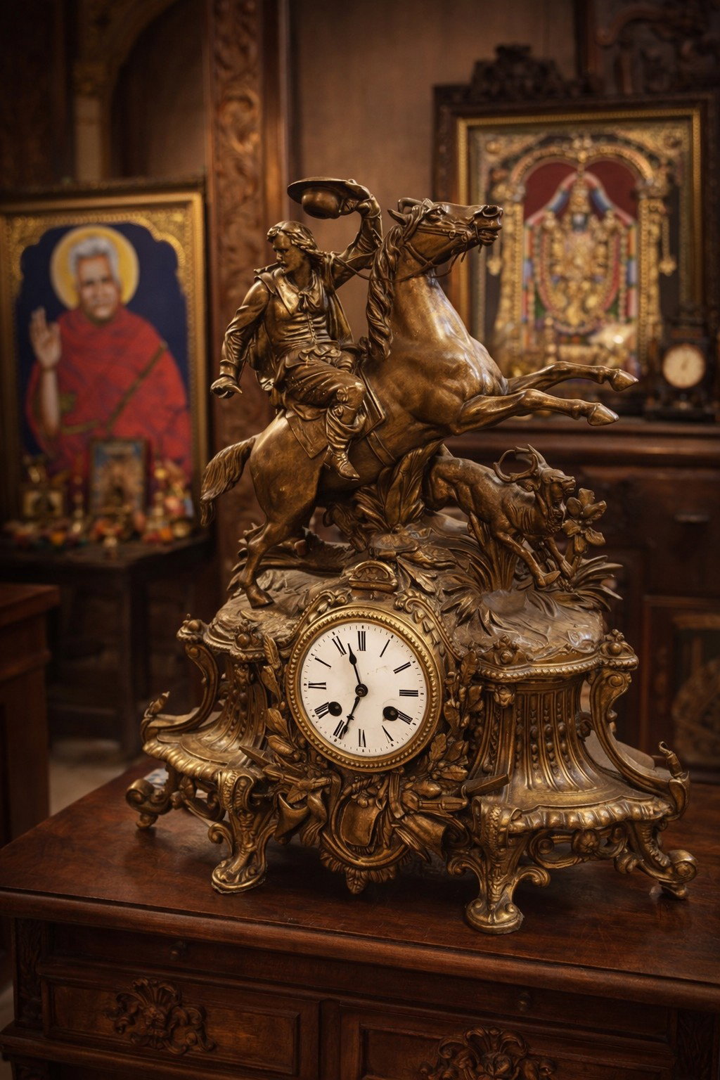 Antique Japy Frères Solid Brass Figural Mantel Clock Image