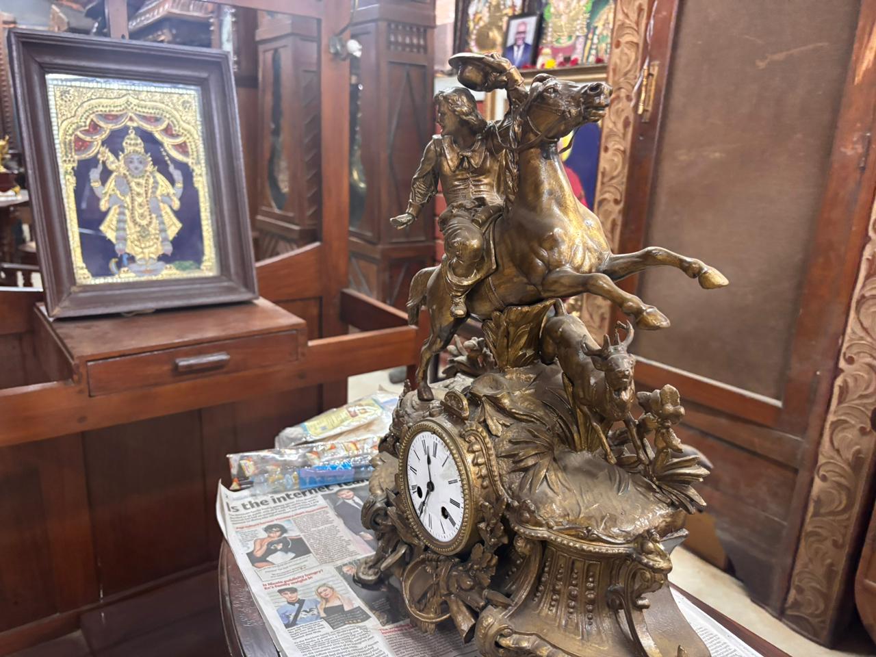 Antique Japy Frères Solid Brass Figural Mantel Clock Image 